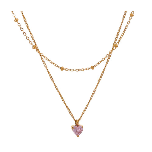 Yhpup Chic Stainless Steel Double-Layer Stacking Chain Pink Zircon Heart Pendant Necklace Delicate Style High-Grade Jewelry