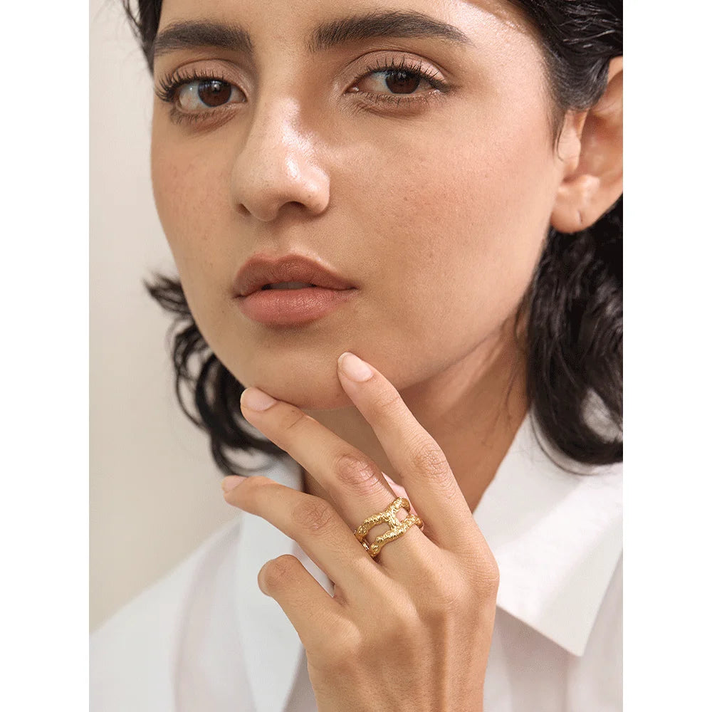 Yhpup Distinctive Stainless Steel Double Round Hollow Unusual Ring Water Resistant Metal Vintage Fashion Jewelry