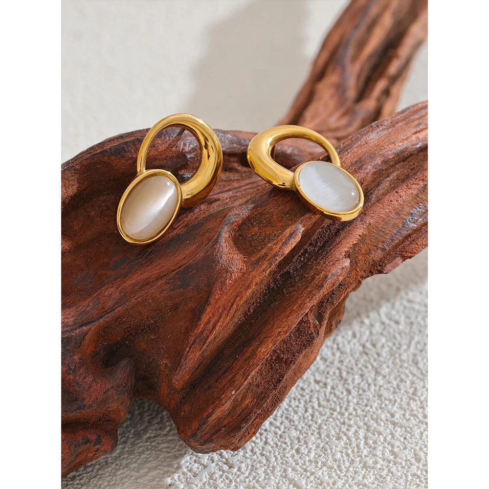 Yhpup Fashion Natural Stone Golden Stud Earrings for Women Stainless Steel Versatile Daily Korean Waterproof Jewelry Bijoux
