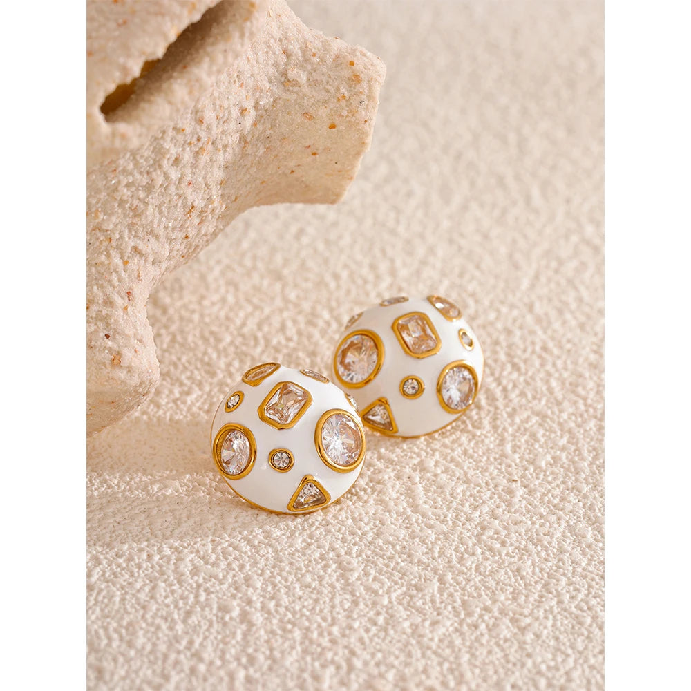 Yhpup Stainless Steel White Enamel inlaid Cubic Zirconia Charm Stud Earrings for Women Fashion Waterproof Jewelry