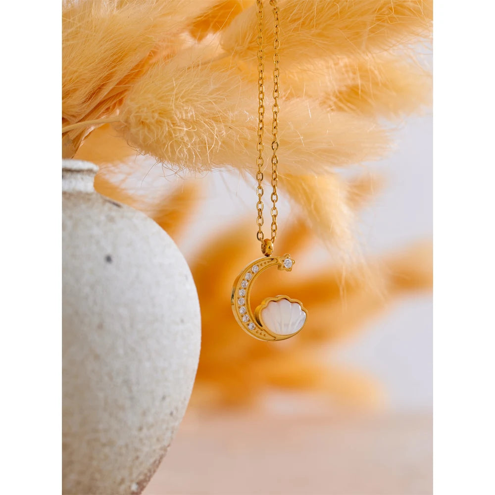 Yhpup Zirconia Natural Shell Moon Drop Delicate Necklace 18K PVD Plated Chain Stainless Steel Premium Jewelry Gift