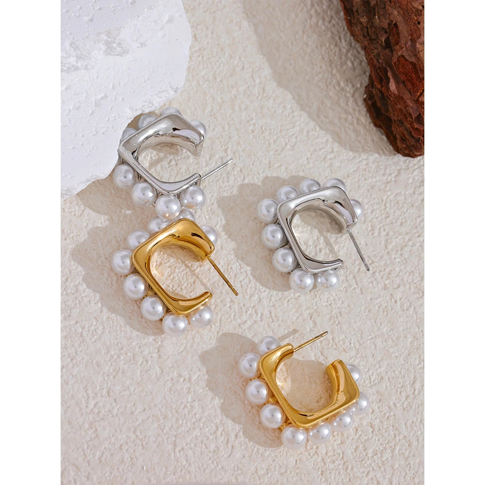 Yhpup Fashion Imitation Pearls 316L Stainless Steel Square Geometric Huggie Earrings Exquisite Korean Jewelry серьги тренд