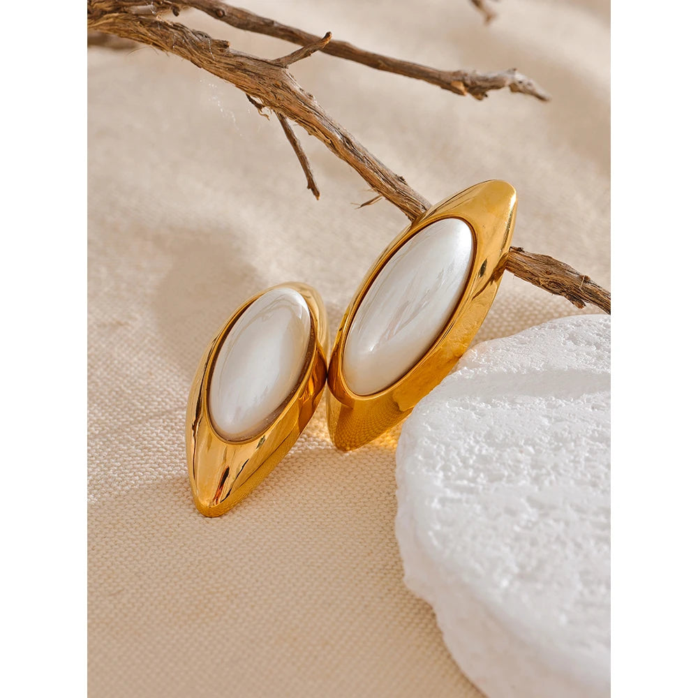 Yhpup Exclusive Elegant Imitation Pearls Oval Golden Big Stud Earrings Women Handsome Stainless Steel Temperament Jewelry