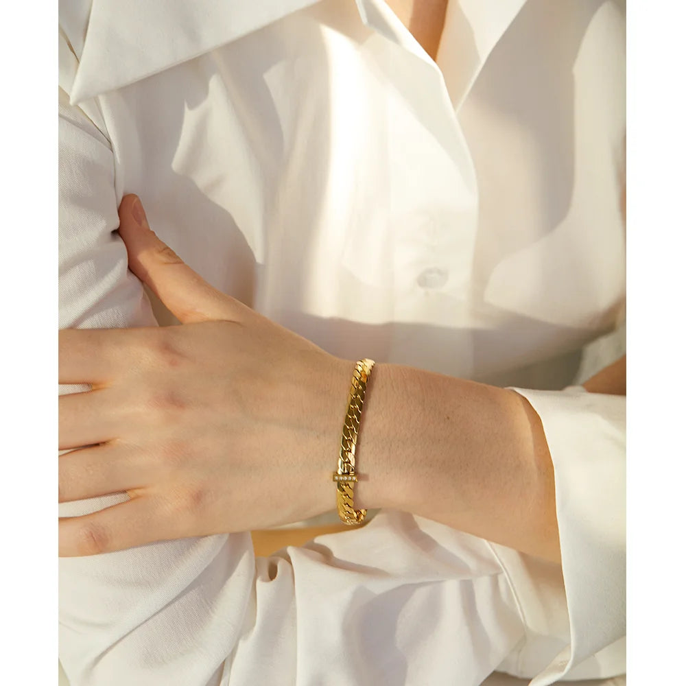 Yhpup High Quality 18K Gold Plated Cuban Chain Stainless Steel Bracelet Bangle Zircon Statement Chic Fashion Waterproof Jewelry