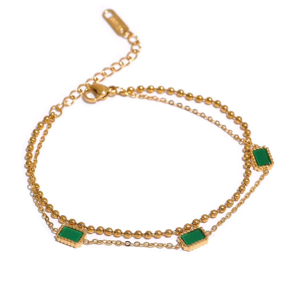 Yhpup Double Chain Green Red Square Acrylic Stainless Steel Bracelet Bangle Charm Gold Color Trendy Fashion Korean Jewelry Women