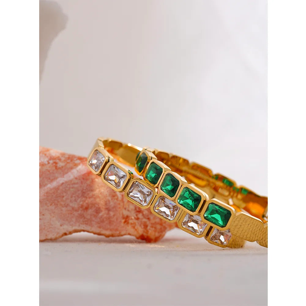 Yhpup Bling Green White Cubic Zirconia Bracelet Bangle Stainless Steel Waterproof Trend High Quality Fashion Jewelry Women Party