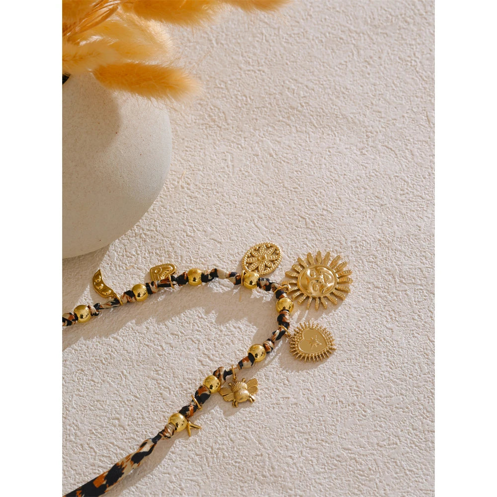 Yhpup Popular Stainless Steel Leopard Polyester Sun Flower Heart Insect Drop Collar Necklace 18K PVD Plated Fashion Jewelry Gift