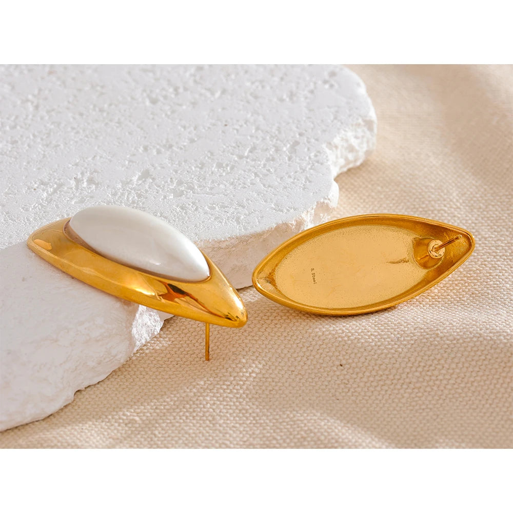 Yhpup Exclusive Elegant Imitation Pearls Oval Golden Big Stud Earrings Women Handsome Stainless Steel Temperament Jewelry