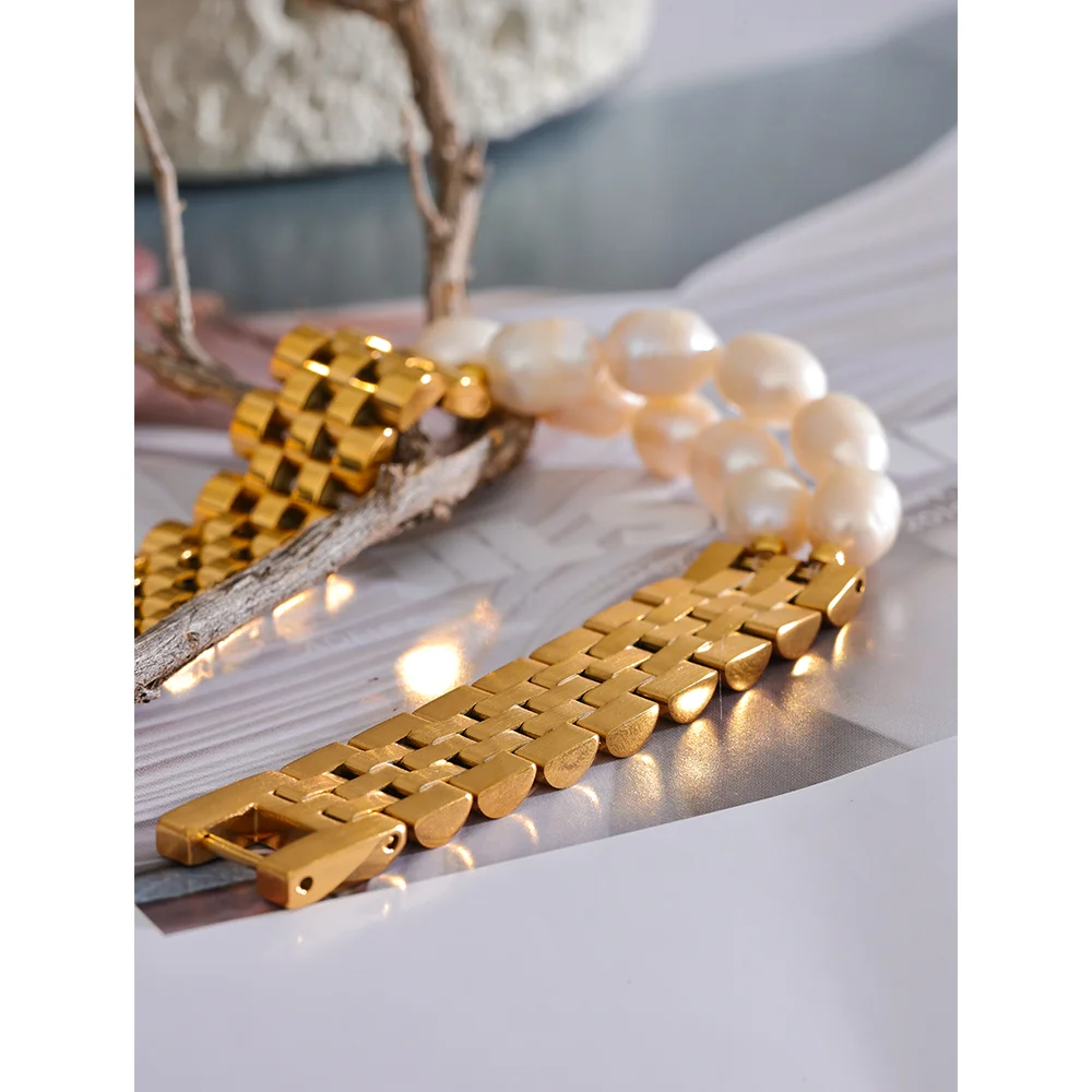 Yhpup Luxury Natural Pearls Cuban Chain 316L Stainless Steel Bracelet Bangle High Quality Women Gold Color Premium Jewelry Gift