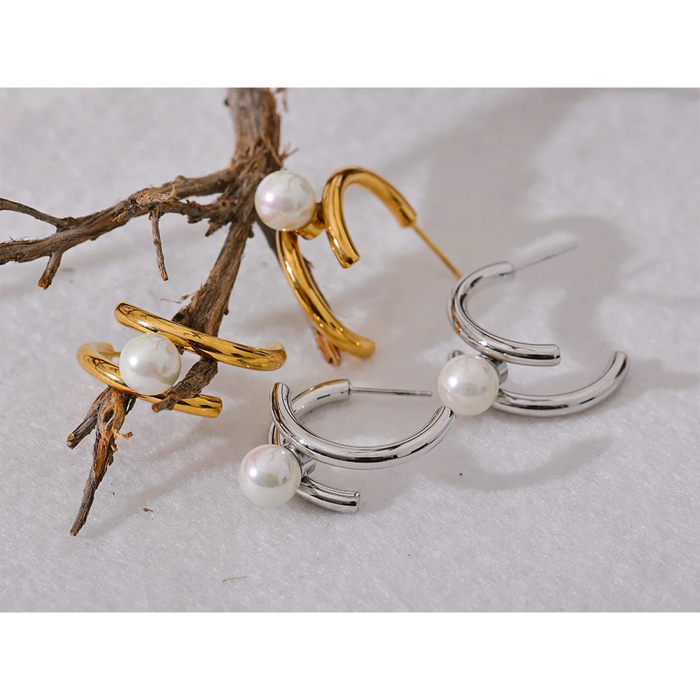 Yhpup Trendy Imitation Pearls Stainless Steel Geometric Huggie Earrings Korean Temperament Anti Allergic Versatile Jewelry New