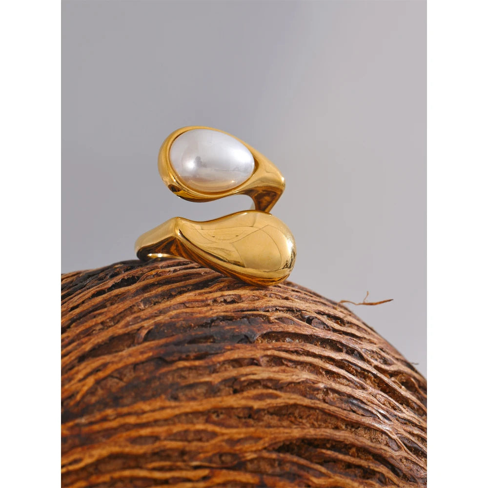 Yhpup Fashion Imitation Pearl Water Drop Finger Adjustable Ring Women 316L Stainless Steel Elegant Gold Platinum Plated Jewelry