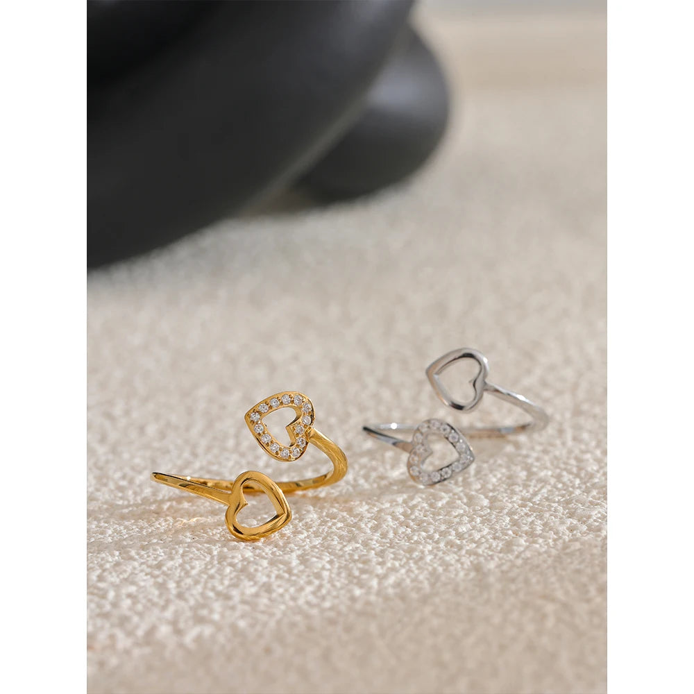 Yhpup Gold & Platinum PVD Plated Stainless Steel Open Adjustable Ring Heart Hollow Fashion Chic Finger Accessories for Women
