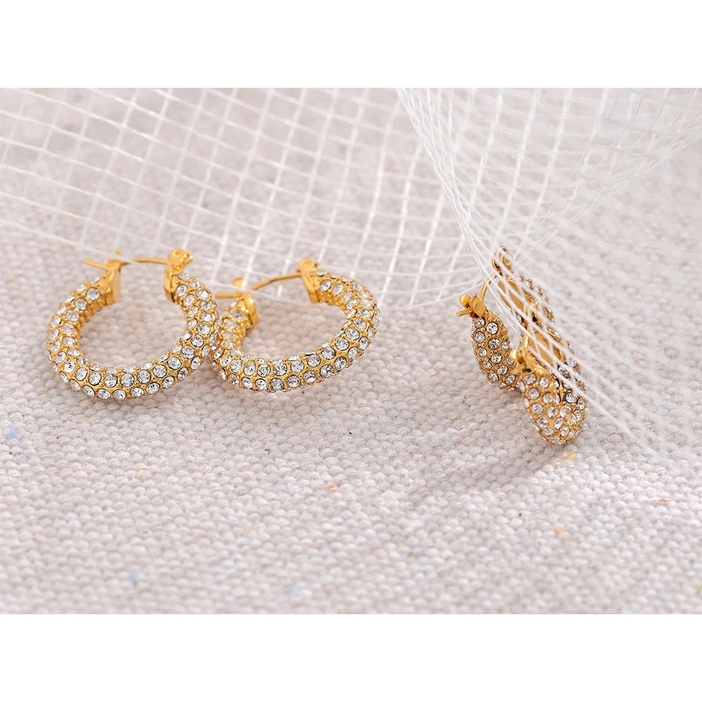 Yhpup Luxury Bling Cubic Zirconia Round Stainless Steel Chunky Huggie Hoop Earrings 18K Gold Color Texture Exquisite Jewelry