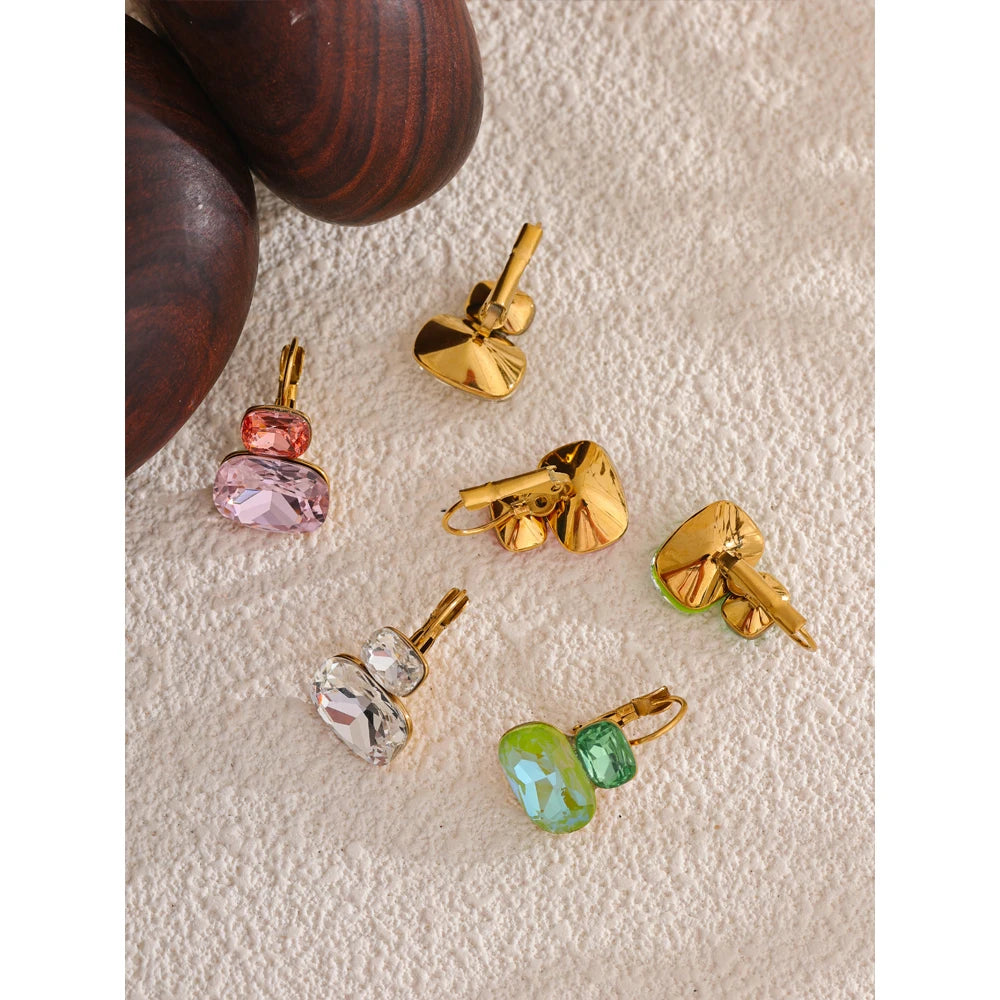 Yhpup Fashion Crystal Candy Stud Earrings French Hoops Trendy White Green Pink Y2K Summer Jewelry for Women 18k PVD Plated