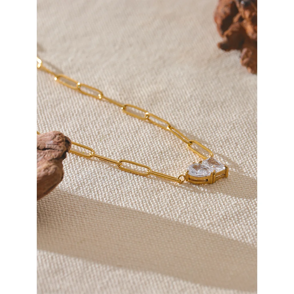 Yhpup Premium AAA Cubic Zirconia Pendant Necklace Gold Color Chain Stainless Steel Geometric High Quality Jewelry for Women