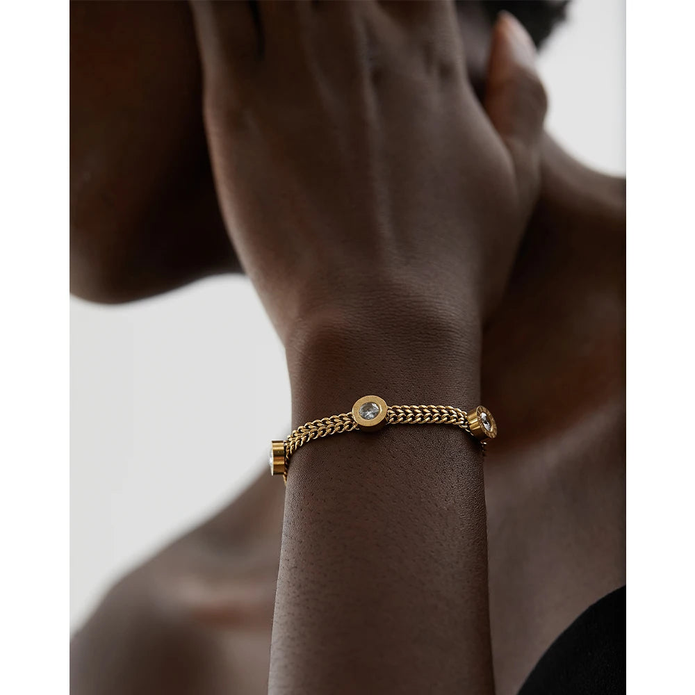 Yhpup Colorful White Cubic Zircon Stainless Steel Charm Gold Color Cuban Chain CZ Bracelet Bangle Women Trendy Classic Jewelry