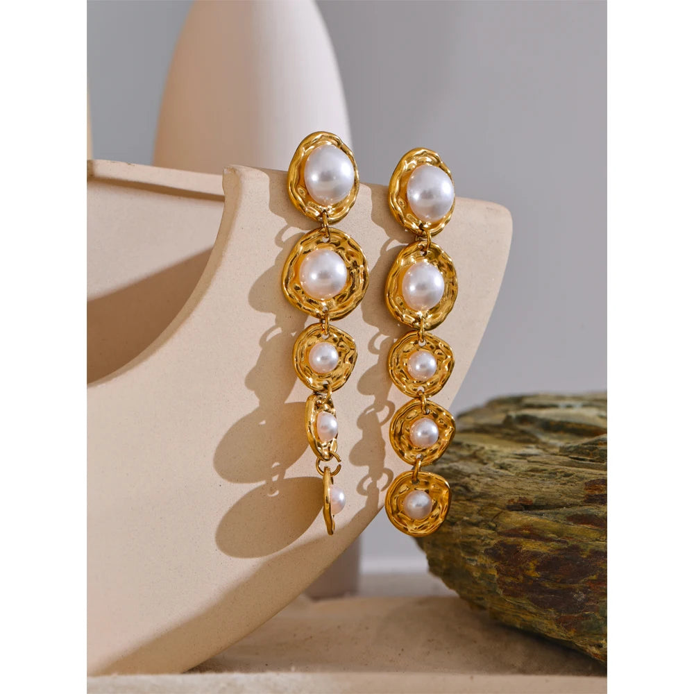 Yhpup Stainless Steel Simulated Pearls Golden Long Hanging Drop Earrings Prevent Allergy Fashion Popular Statement Jewelry Gift
