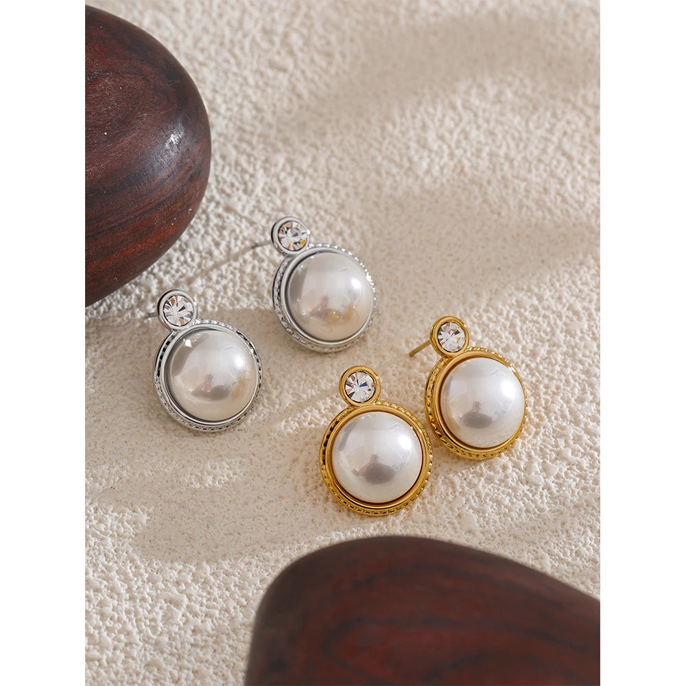 Yhpup Waterproof Korean Style Zirconia Imitation Pearls Stud Earrings Stainless Steel Elegant Daily Classic Fashion Jewelry