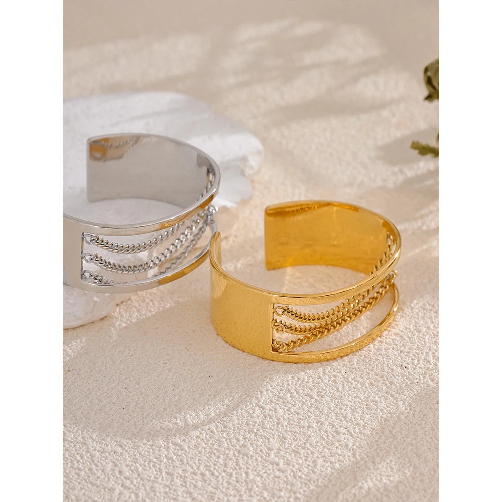 Yhpup Statement Stainless Steel Hollow Chain Wide Adjustable Bracelet Bangle Waterproof Gold Color High Quality Jewelry New