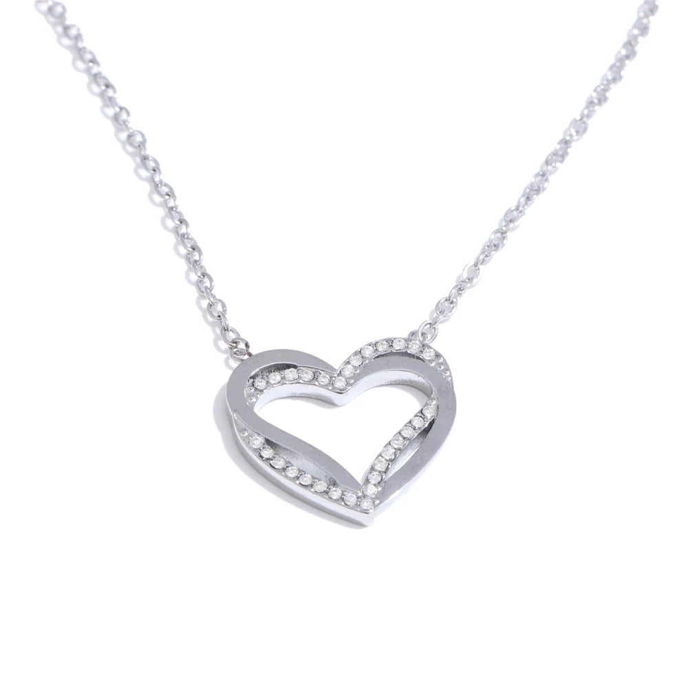 Yhpup Fashion Stainless Steel Zirconia Heart Love Hollow Pendant Necklace for Women Exquisite Romantic Jewelry Girlfriend Gift