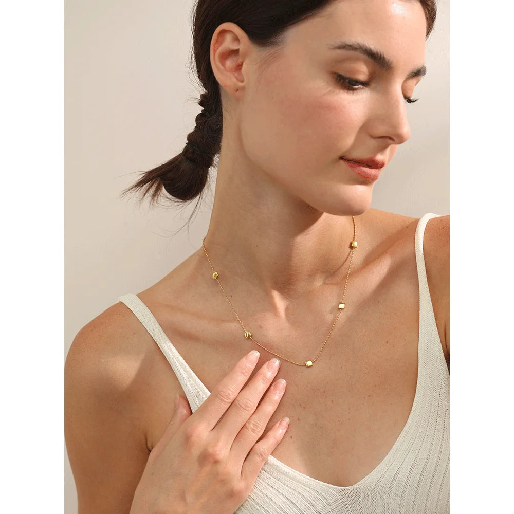 Yhpup New 316L Stainless Steel Square Beads Chain Necklace Rust Proof Exquisite Daily Chic Women Waterproof Jewelry Gift