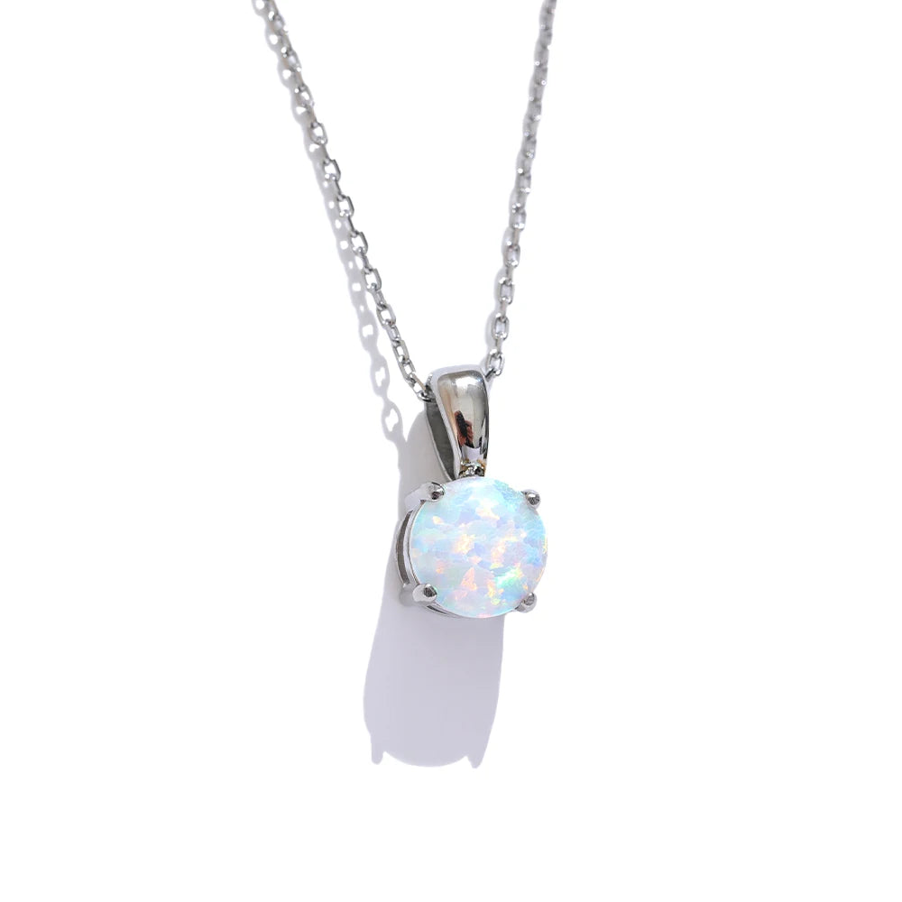 Yhpup Exquisite Round Opal Stone Pendant Necklace for Women Stainless Steel Korean Style Fashion Temperament Neck Jewelry