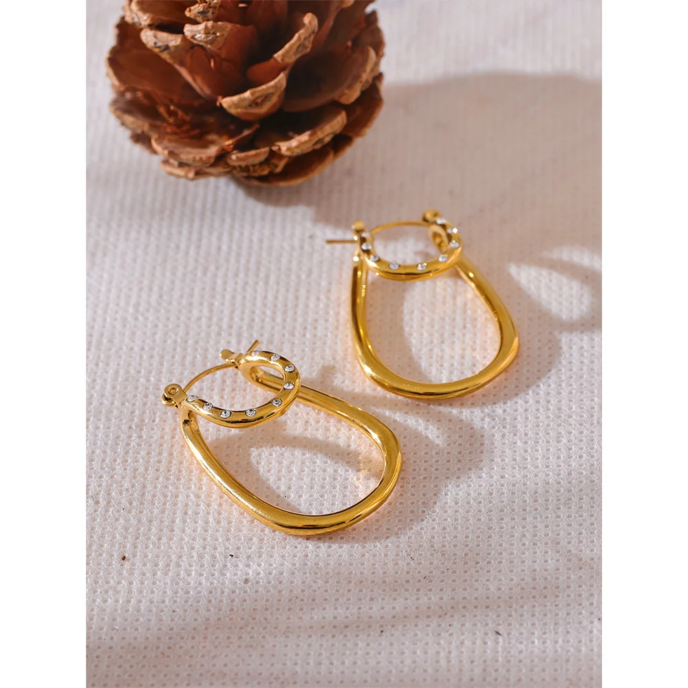 Yhpup Fashion Inlaid Zircon Stainless Steel Oval Hollow Hoop Earrings High Quality Gold Color Exquisite Ear Jewelry Gift