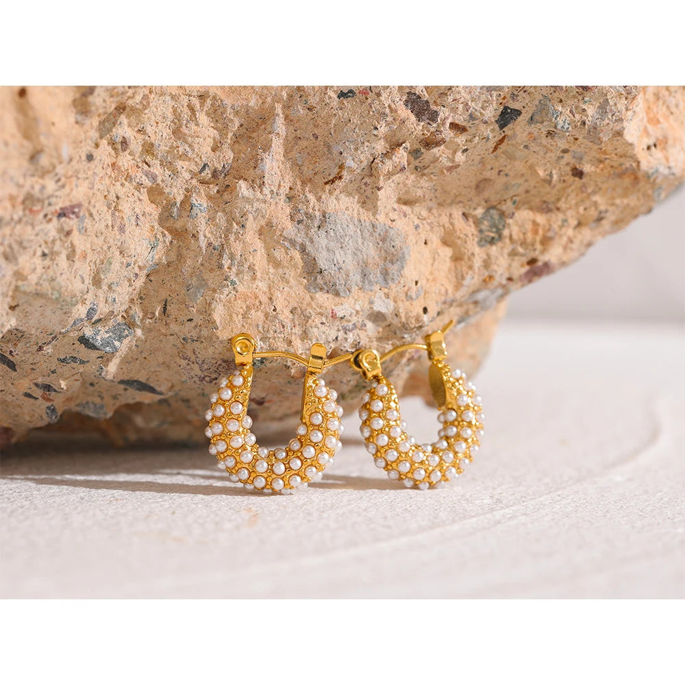 Yhpup Stainless Steel Luxury Small Hoop Earrings Vintage Delicate Imitation Pearls Texture Gold Color Waterproof Fashion Jewelry