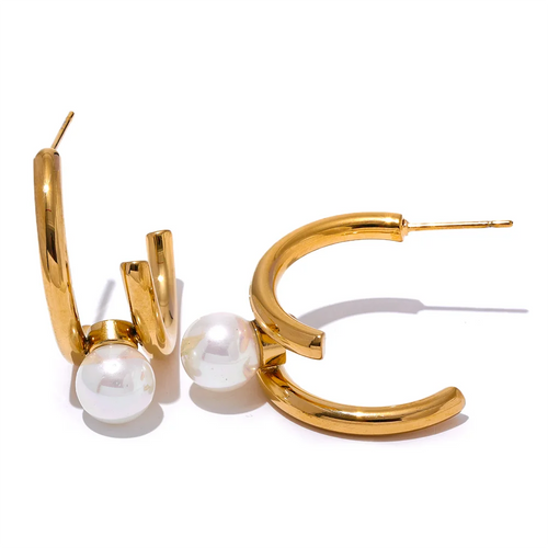 Yhpup Trendy Imitation Pearls Stainless Steel Geometric Huggie Earrings Korean Temperament Anti Allergic Versatile Jewelry New