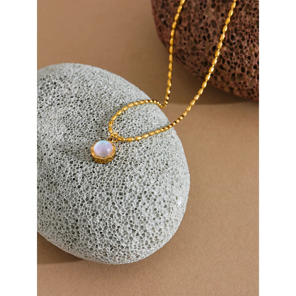 Yhpup Stainless Steel Exquisite Moonlight Stone Drop Necklace for Women High Quality Chic Chain Charm Jewelry Gift Waterproof