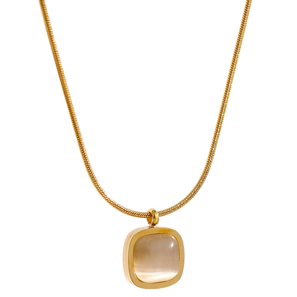 Yhpup Square Green Opal Stone Pendant Drop Dangle Necklace for Women Charm Jewelry Minimalist Geometric Stainless Steel Necklace