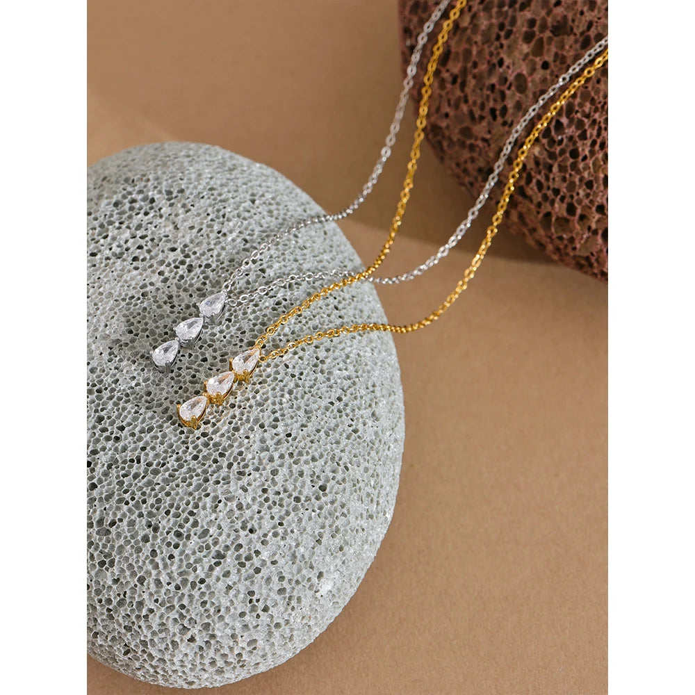Yhpup Delicate Shiny Cubic Zirconia Water Drop Collar Necklace Pendant Stainless Steel Fashion Sweet Chic Jewelry Gift