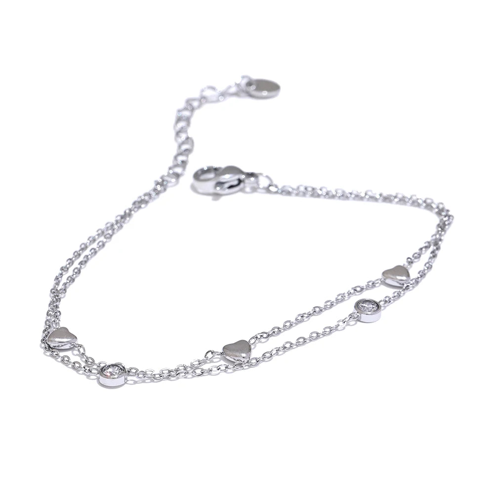 Yhpup Delicate Chain Heart Zircon Double Layer Stacking Bracelet Bangle Chic Summer Stainless Steel Waterproof Jewelry Gift