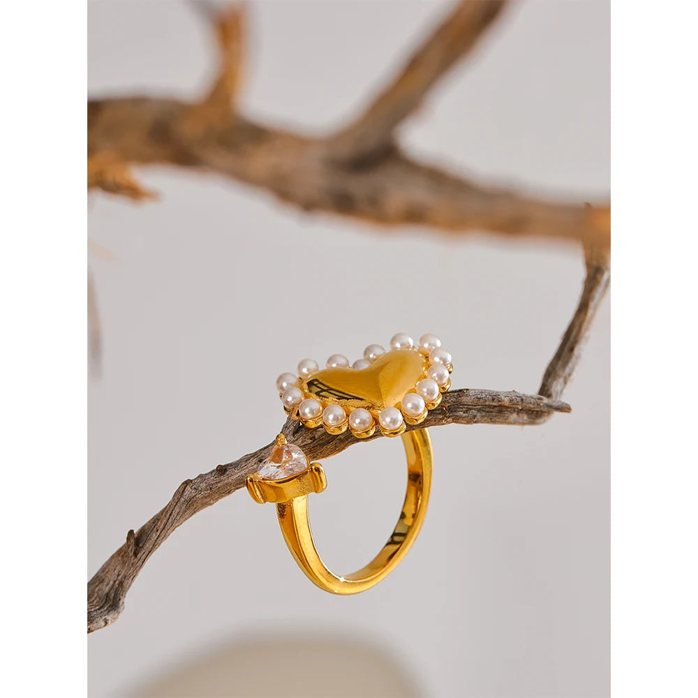 Yhpup Fashion Imitation Pearls CZ Heart Love Open Golen Ring Water Resistant Stainless Steel Elegant Premium Jewelry Gift
