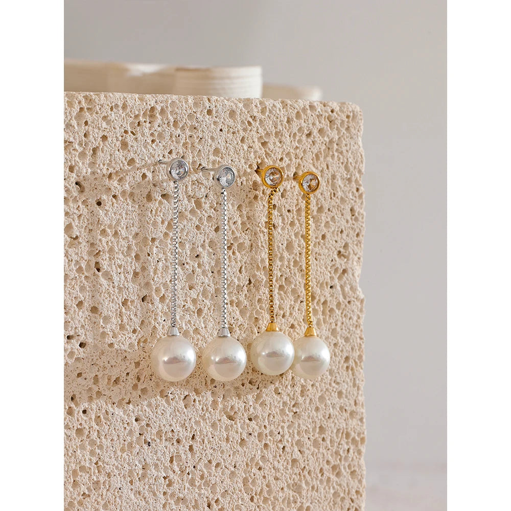 Yhpup Korean Imitation Pearls Long Chain Hanging Dangle Earrings for Women Anti Allergic Stainless Steel Charm Daily Jewelry