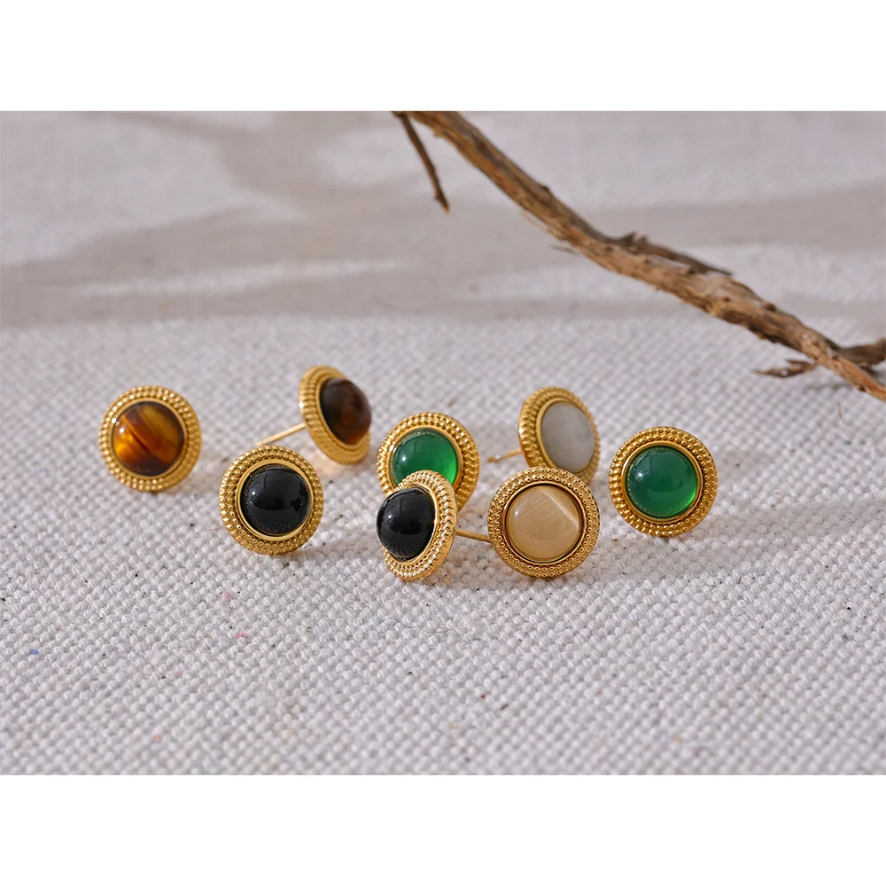 Yhpup Exquisite Natural Stone Stainless Steel Round Small Stud Earrings Waterproof Trendy High Quality Daily Jewelry Bijoux