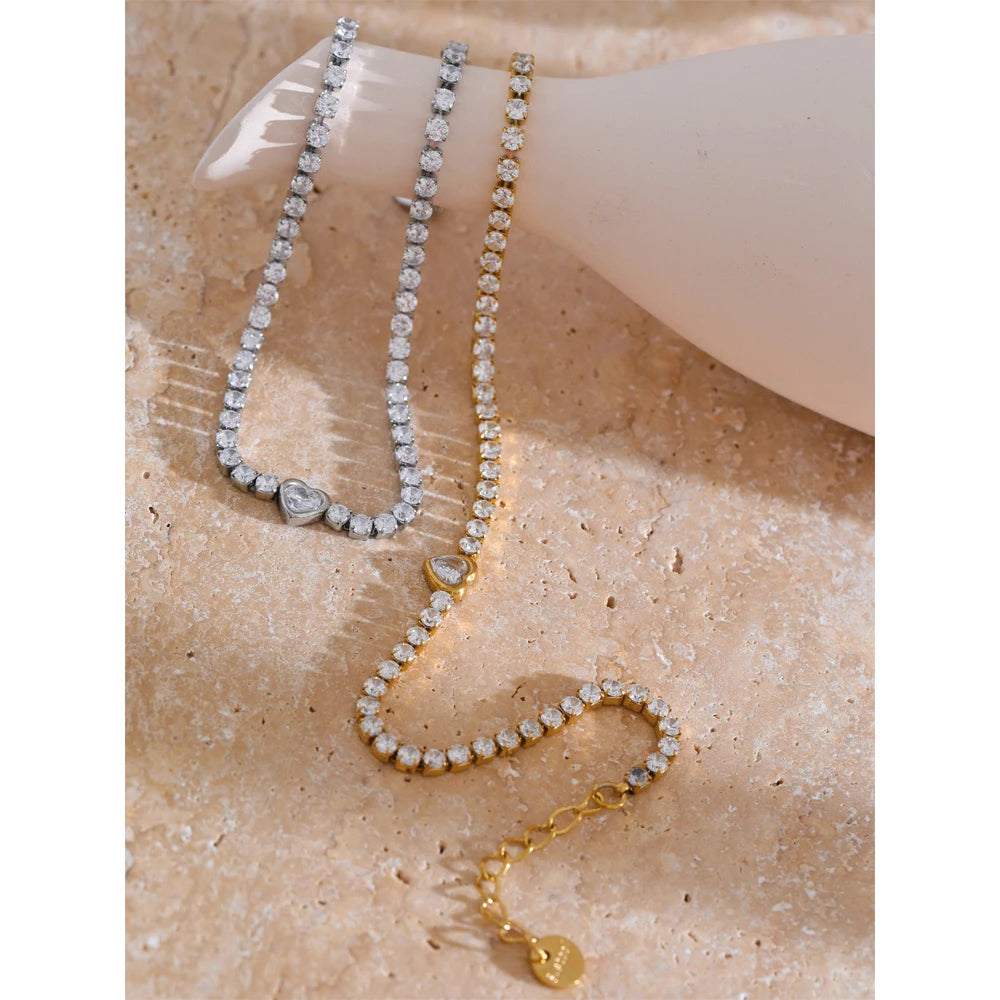 Yhpup Delicate Bling Cubic Zirconia Heart Chain Bracelet Bangle Exquisite Stainless Steel Shiny Waterproof Wrist Jewelry Gift