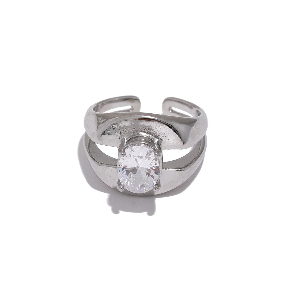 Yhpup Delicate Bling Cubic Zirconia Stainless Steel Wide Geometric Fashion Ring Texture PVD Plated Waterproof Jewelry Gift