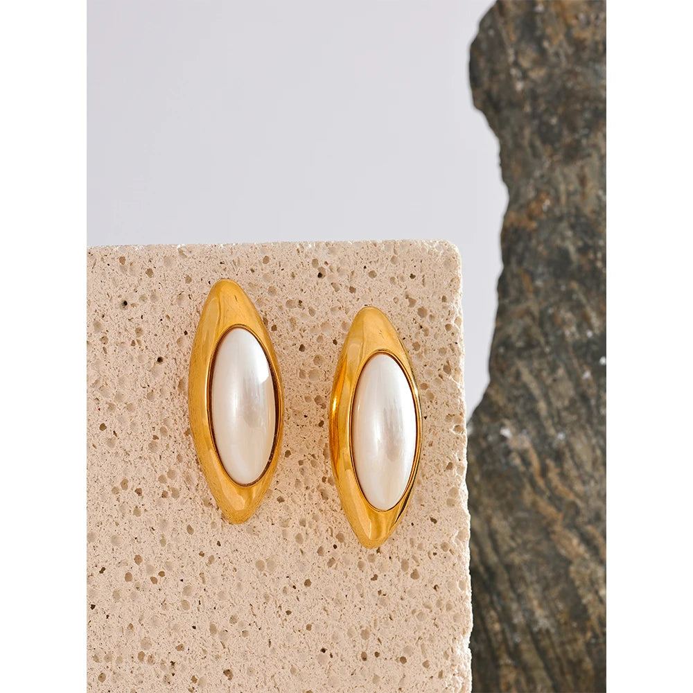 Yhpup Exclusive Elegant Imitation Pearls Oval Golden Big Stud Earrings Women Handsome Stainless Steel Temperament Jewelry