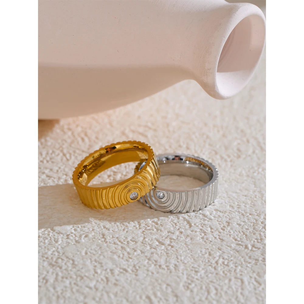 Yhpup 6789# Arrival Stainless Steel Round Striped Zircon Ring High Quality Minimalist Finger Fashion Jewelry Bijoux Femme