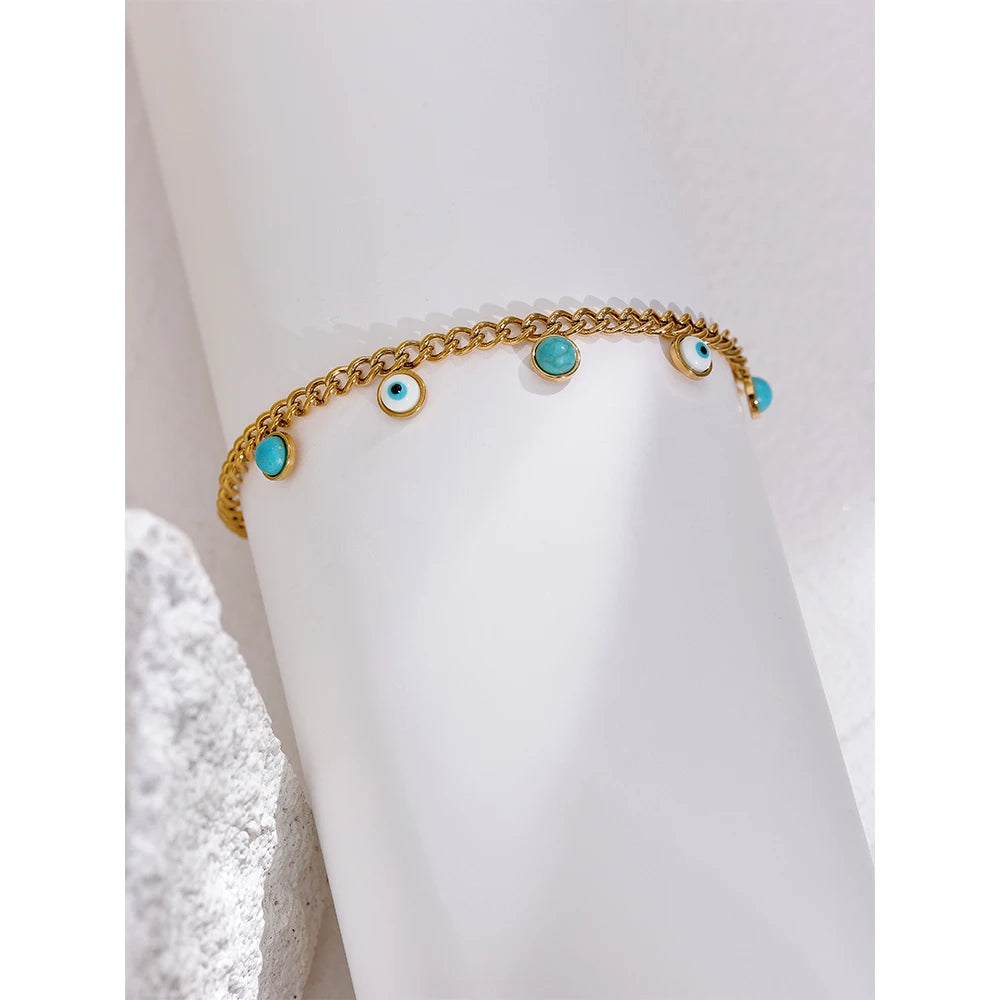 Yhpup Stainless Steel Turquoise Stone Resin Eye Charm Fashion Bracelet Bangle Golden Daily Trendy Jewelry for Female Браслет