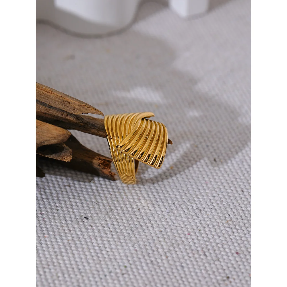 Yhpup New Stainless Steel Metal Geometric Golden Wide Ring Statement Texture 18K PVD Plated Attractive Jewelry Bijoux