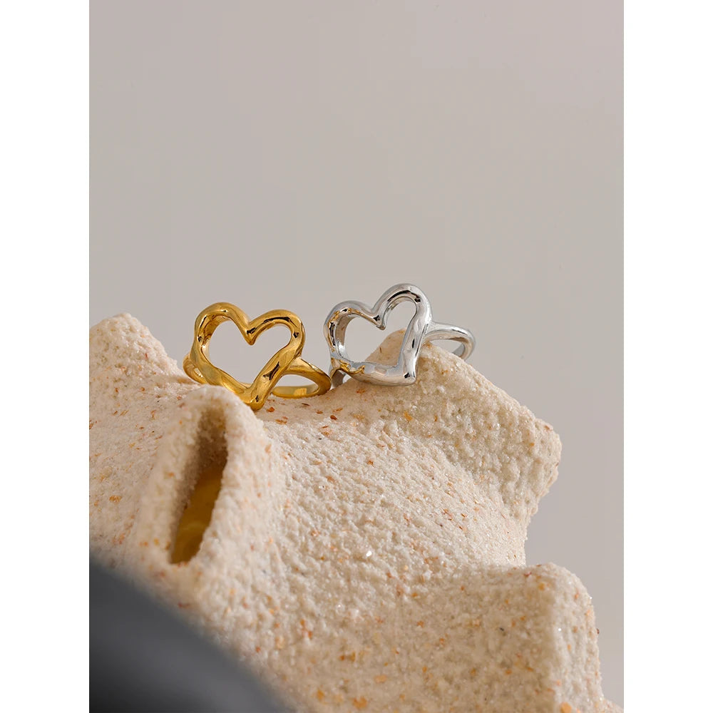 Yhpup Minimalist Stainless Steel Heart Love Hollow Ring Women Rust Proof Charm Finger Jewelry Wholesale Bijoux