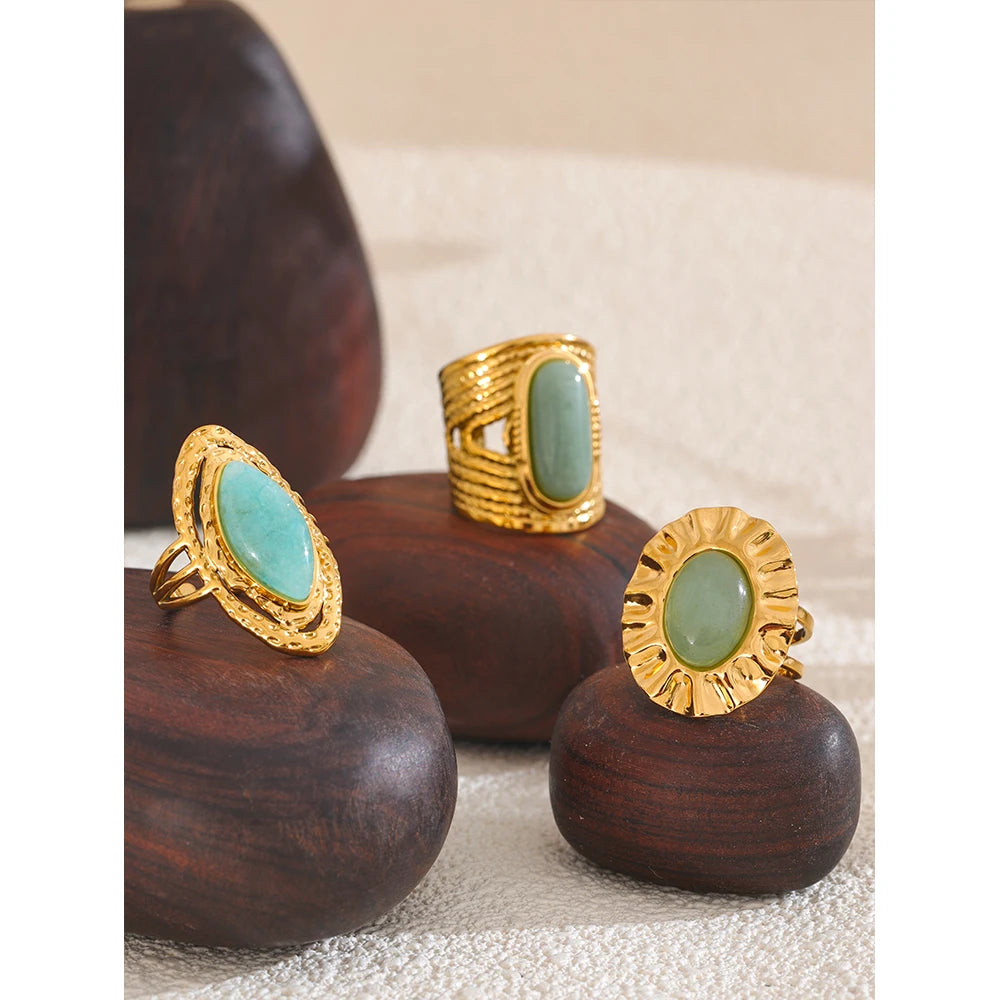 Yhpup Green Natural Stone Fashion Open Ring Adjustable Stainless Steel Golden Geometric Daily Statement Jewelry Accessories Gift
