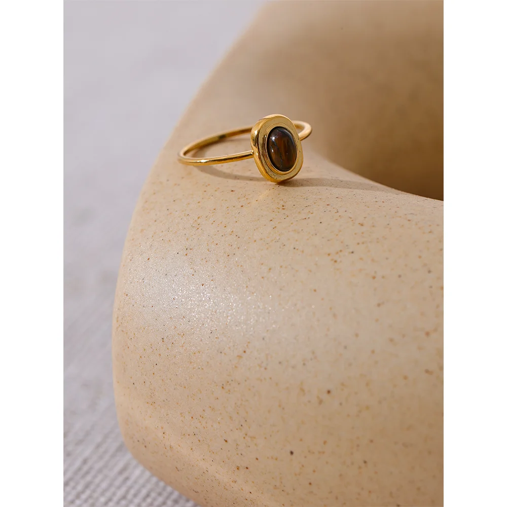Yhpup Fashion Natural Stone Stainless Steel Oval Thin Chic Ring Women 18K PVD Plated Waterproof Jewelry Accessories Gift
