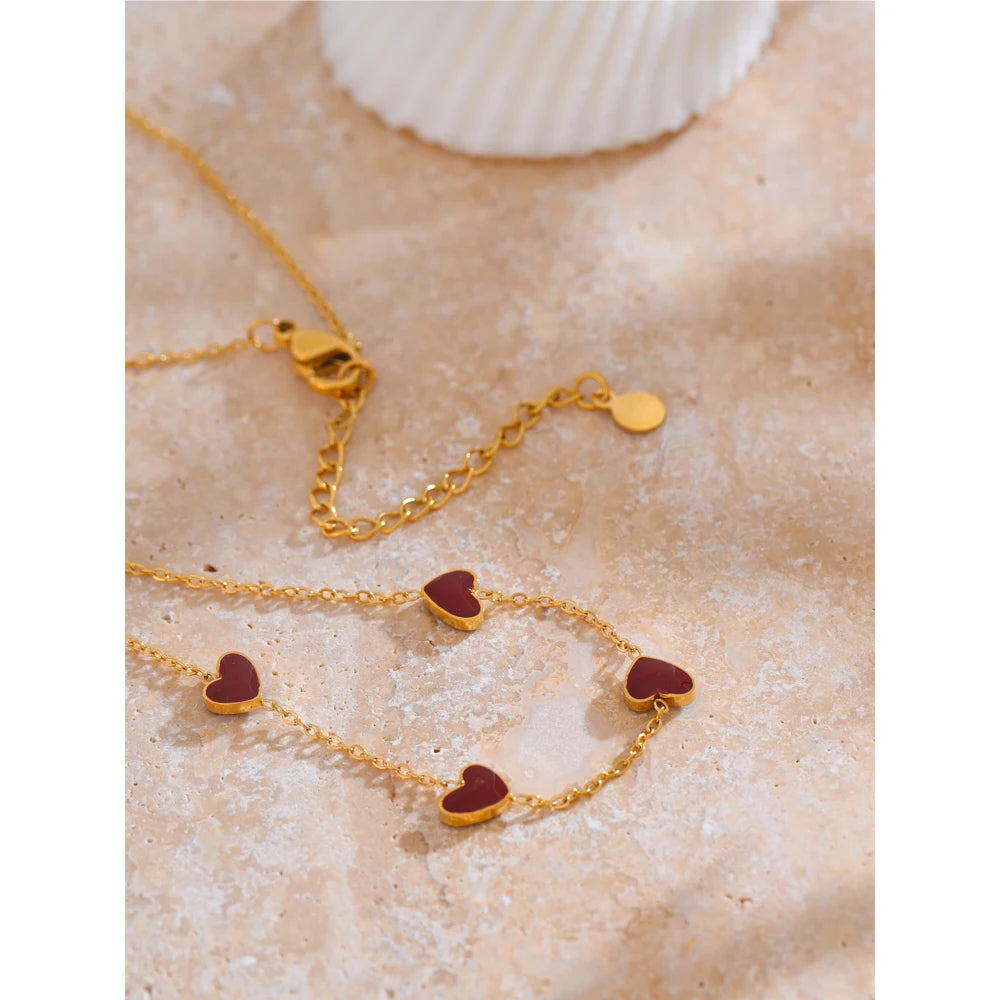 Yhpup Color Ancora Ankela Red Enamel Heart Love Chic Chain Necklace Women Stainless Steel Jewelry Valentine's Gift
