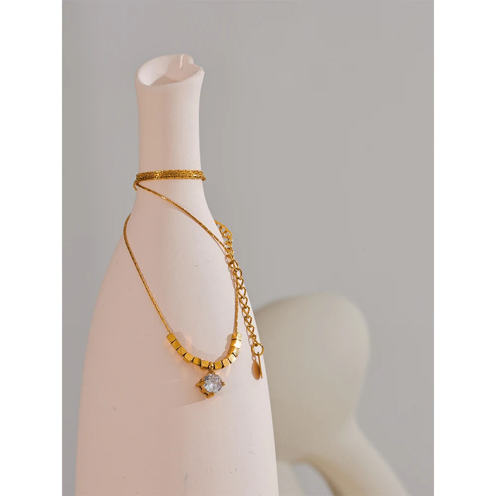 Yhpup Small Chic Square Chain Drop Cubic Zirconia Golden Necklace Pendant for Women High Quality Stainless Steel Popular Jewelry