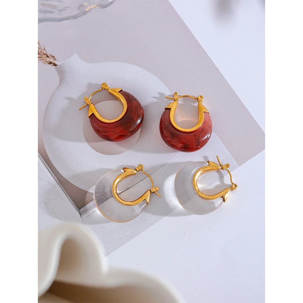 Yhpup Fashion Stainless Steel Acetic Acid Resin Hollow Chunky Hoop Earrings for Women Prevent Allergy Charms Jewelry Party Gift