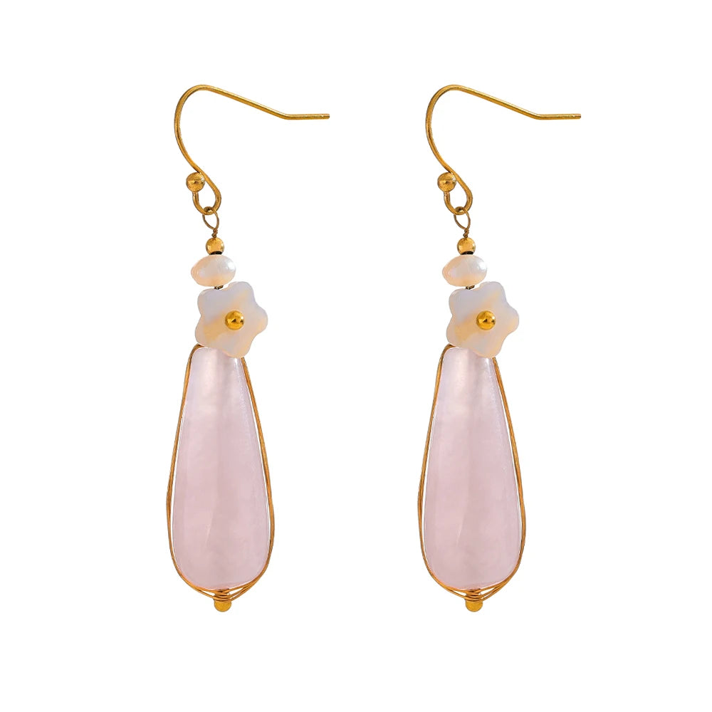 Yhpup Green Pink Natural Stone Drop Earrings for Women Stainless Steel Vintage Elegant Chinese Style Fashion Jewelry Gift
