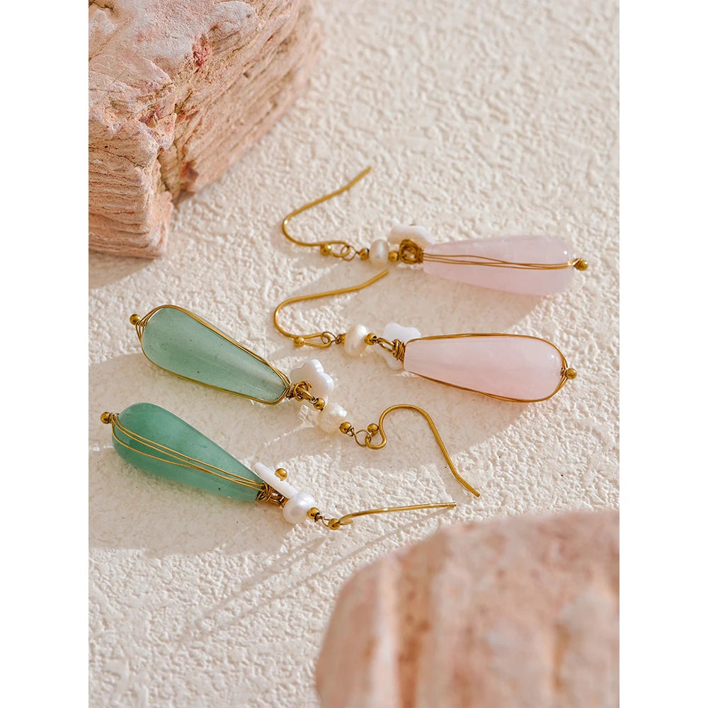 Yhpup Green Pink Natural Stone Drop Earrings for Women Stainless Steel Vintage Elegant Chinese Style Fashion Jewelry Gift